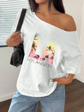 100% Cotton Plus Size Los Angeles Palm Tree Sunset Graphic Shoulder Loose Print T-Shirt Oversized Y2K Style Graphic Tees Wome