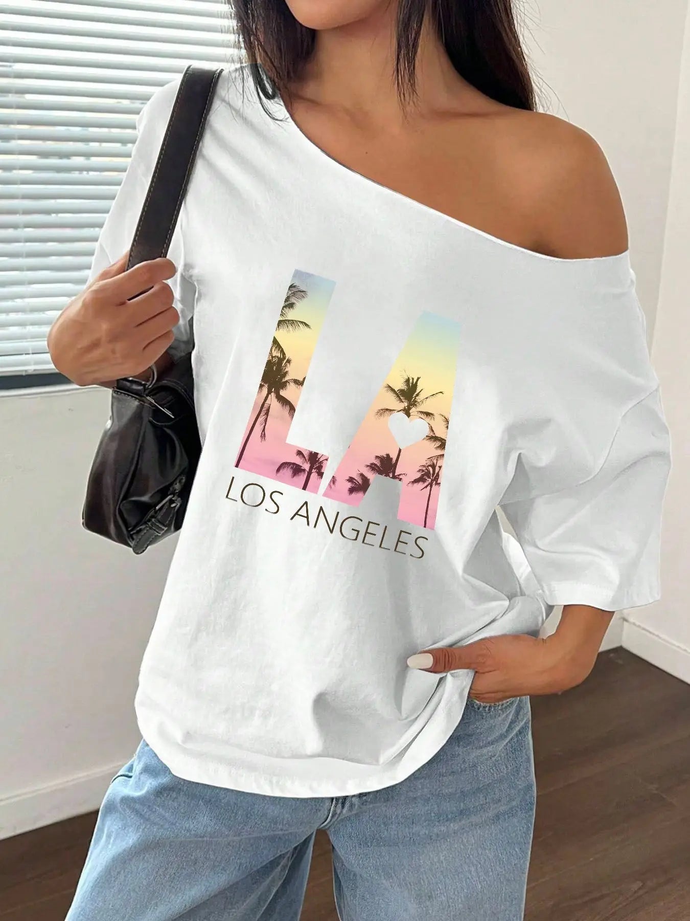 100% Cotton Plus Size Los Angeles Palm Tree Sunset Graphic Shoulder Loose Print T-Shirt Oversized Y2K Style Graphic Tees Wome