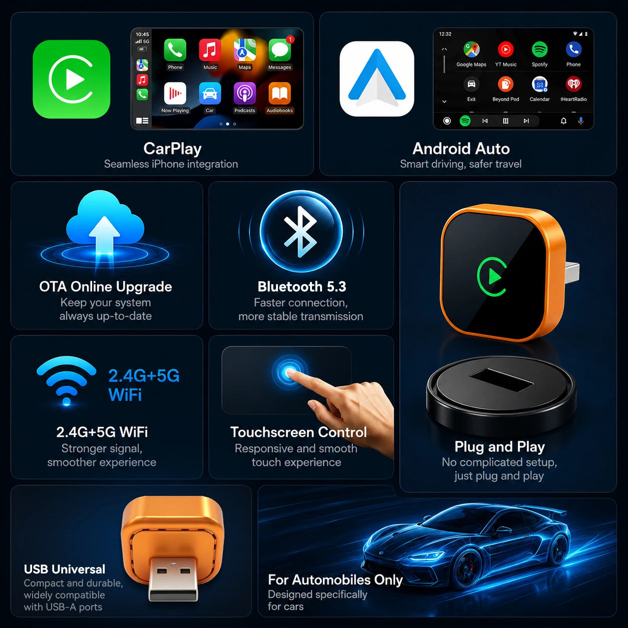 2026 New Style Mini Wireless Carplay Adapter Android Auto Dongle Smallest Portable Compact Vehicle Smart Box