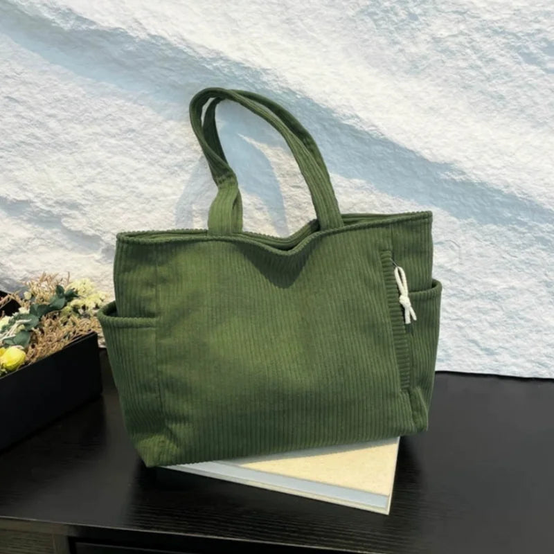 Large Corduroy Tote Bag for Women Everyday Shoulder Bag with Pockets and Zipper for Work Travel Vacation