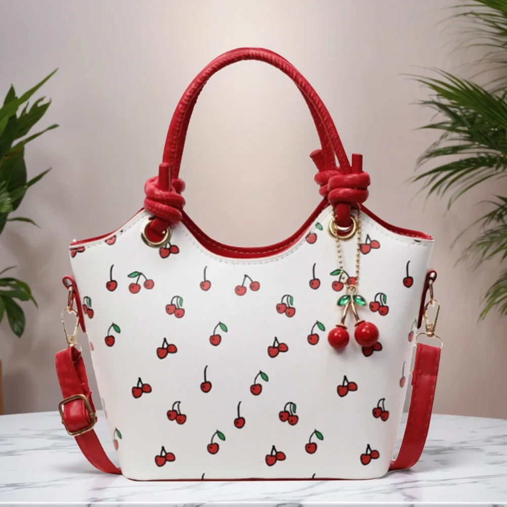 PU Leather Bucket Cherry Printed Crossbody Bag for Women Trendy Top-handle Bag Stylish Small Tote Handbag with Adjustable Strap