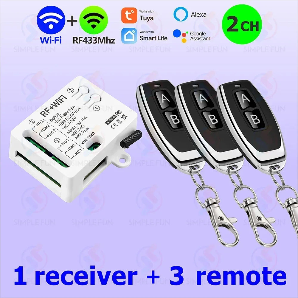 WiFi RF Remote Control Smart Light Switch 2 CH Tuya,USB 5V DC 12V 24V 48V,1-250V Dry Contact Relay,work with Alexa Google Home