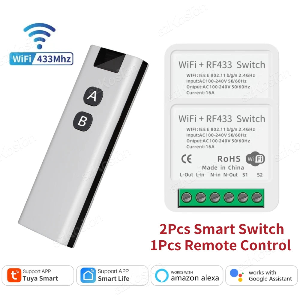 Tuya RF433 WiFi Smart Switch Smart Home 1/2/3Gang Wireless Remote Control 16A Mini Relay Receiver Voice for Alexa Google