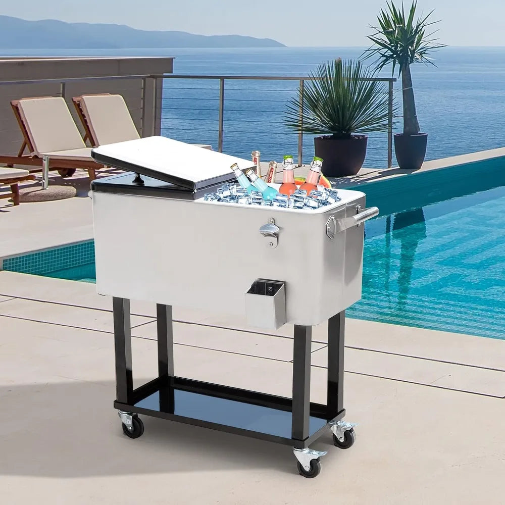 80 QT Wheeled Stand-Up Drink Cooler Cart,Silver,For Outdoor Party, Custom