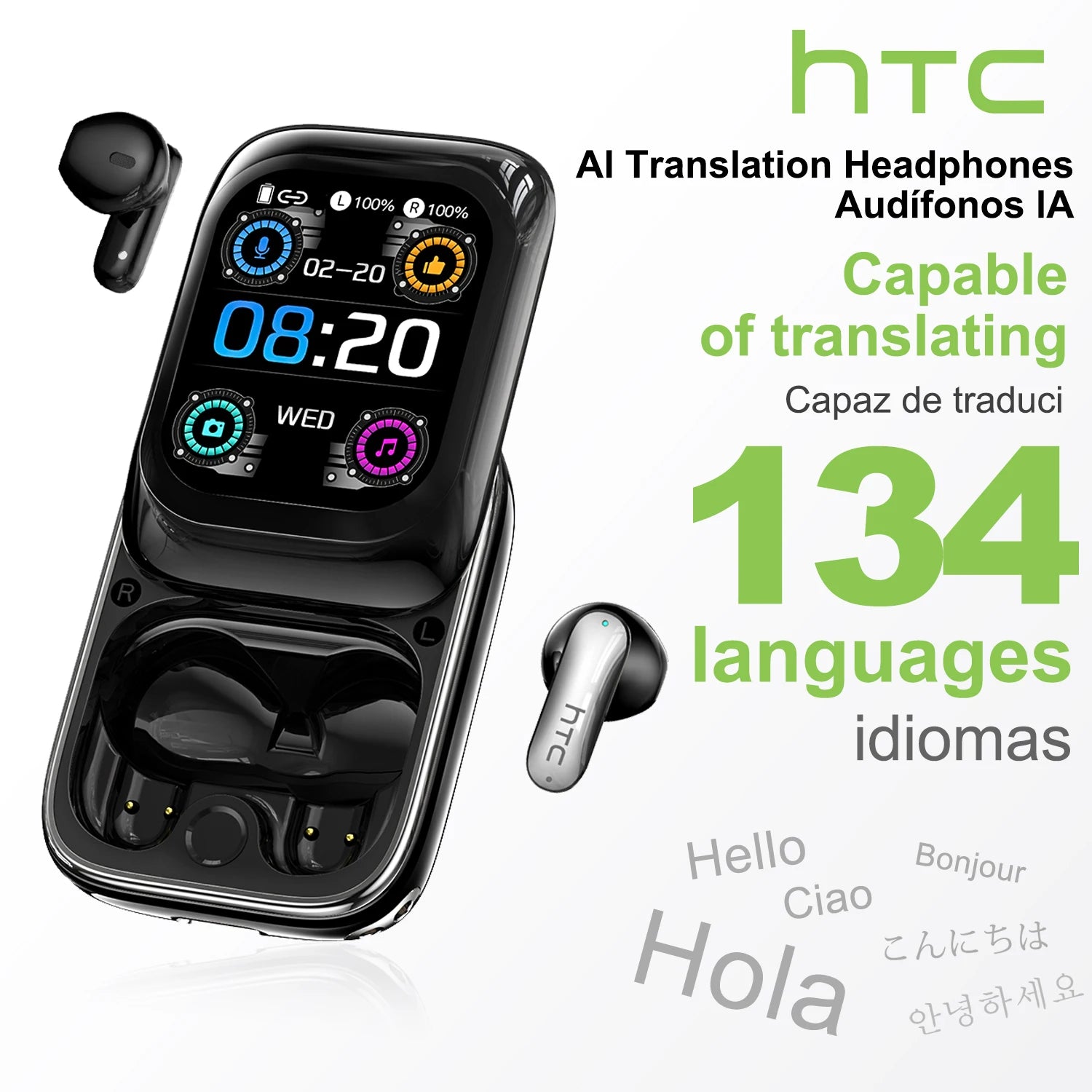 [HTC NE48]Side-Sliding Flip Bluetooth Earphones AI Translation Earbuds HD Touchscreen TWS in-Ear Wireless Headphones