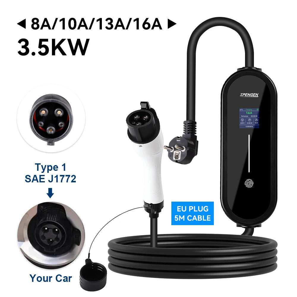 IPENGEN 3.5KW Portable EV Charger 5M Cable Type2 IEC62196/ GB/T Connector 16A 1Phase Type1 Wallbox Charging for Electric Vehicle