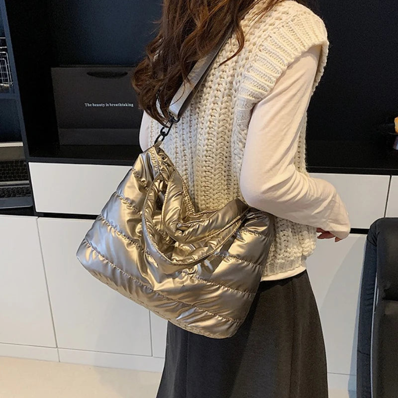 Puffer Quilted Tote Crossbody Bag Adjustable Wide Shoulder Strap Large Capacity Satin Down Handbag for Women Daily Use Commute