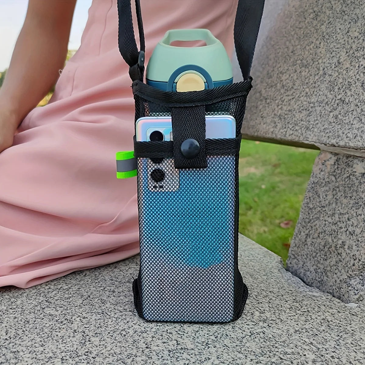 Black Outdoor Crossbody Storage Net Bag Water Cup Cover Protective Cover Grid Milk Tea Kettle Universal Thermos Cup One Piece