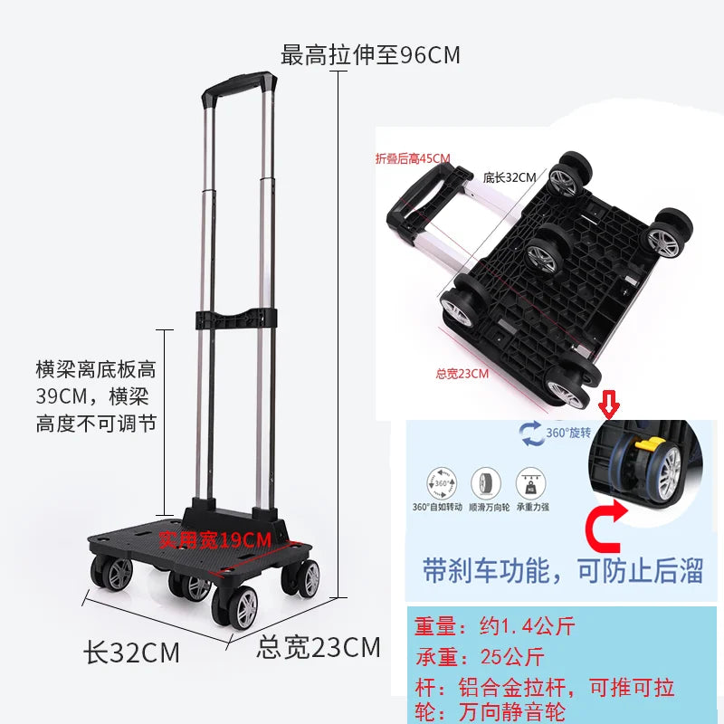 Portable Lightweight Aluminum Alloy Wheelbarrow Hand-Pulled Cart Foldable Brake Function Handy Shopping Car for Easy Storage