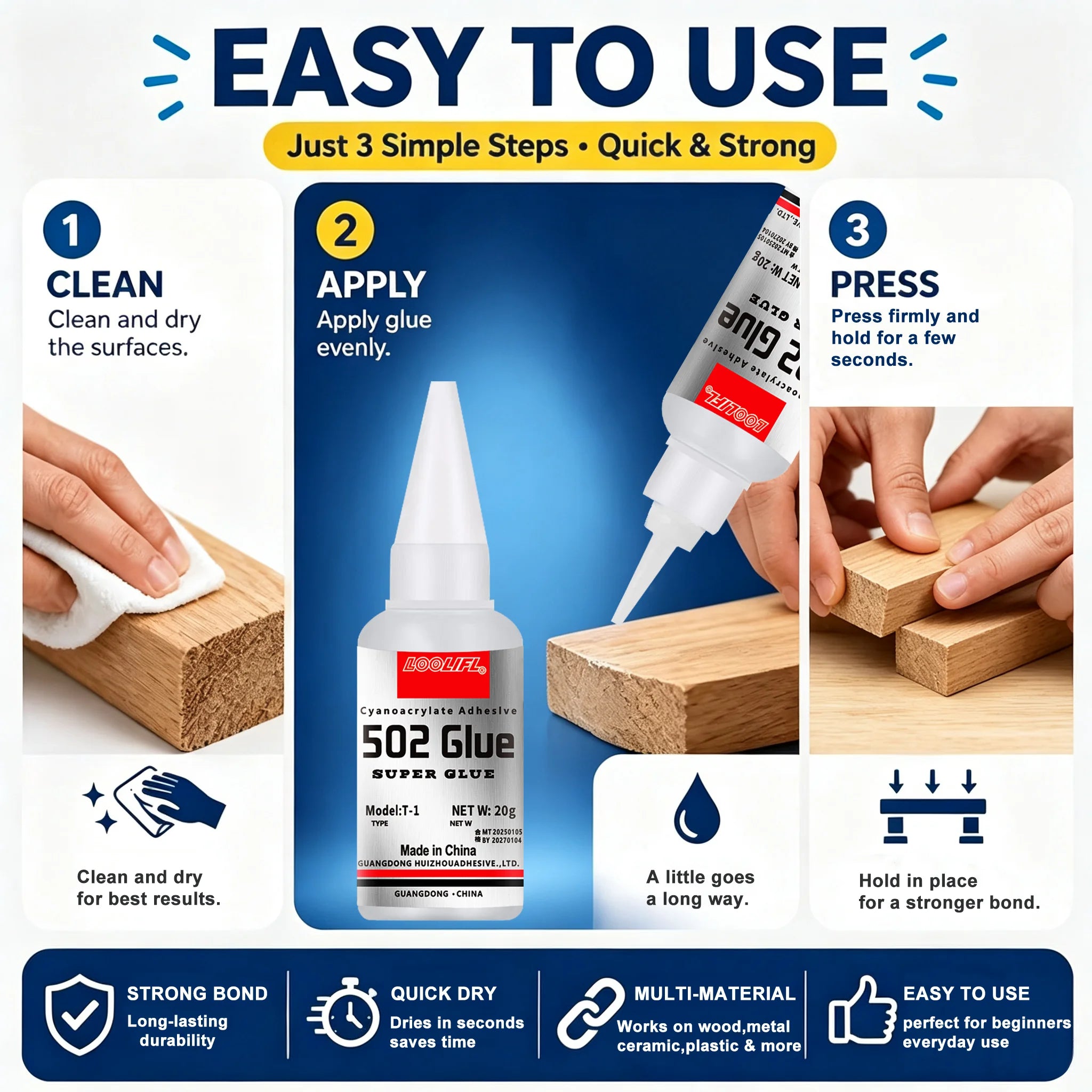 Loolifl 502 Strong Instant Adhesive, Cyanoacrylate Adhesive, Transparent and Traceless, Fast and Firm Bonding, Precise Application with a Fine Nozzle; Suitable for Plastic, Metal, Wood, Rubber, Shoe Repair, Universal All-Purp