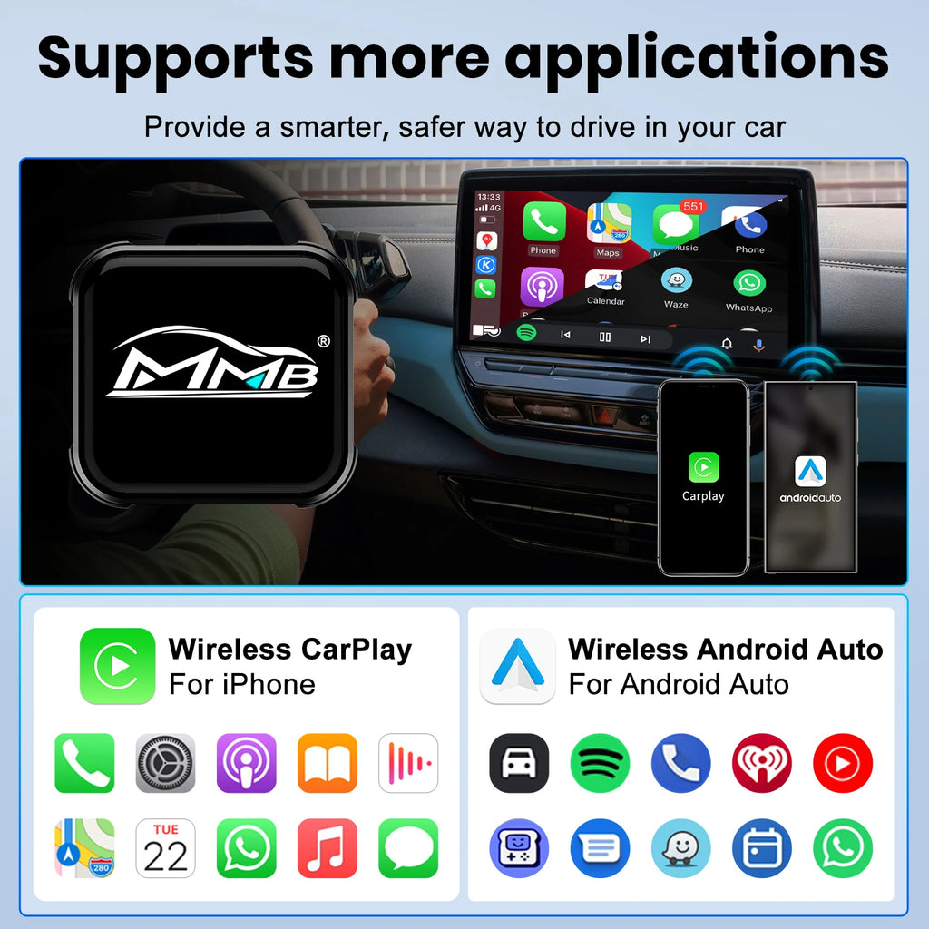 MMB Mini Ultra CarPlay Wireless Android Auto Adapter 2in1 USB Dongle for Totoya VW Chevrolet Hyundai Plug and Play Auto Connect