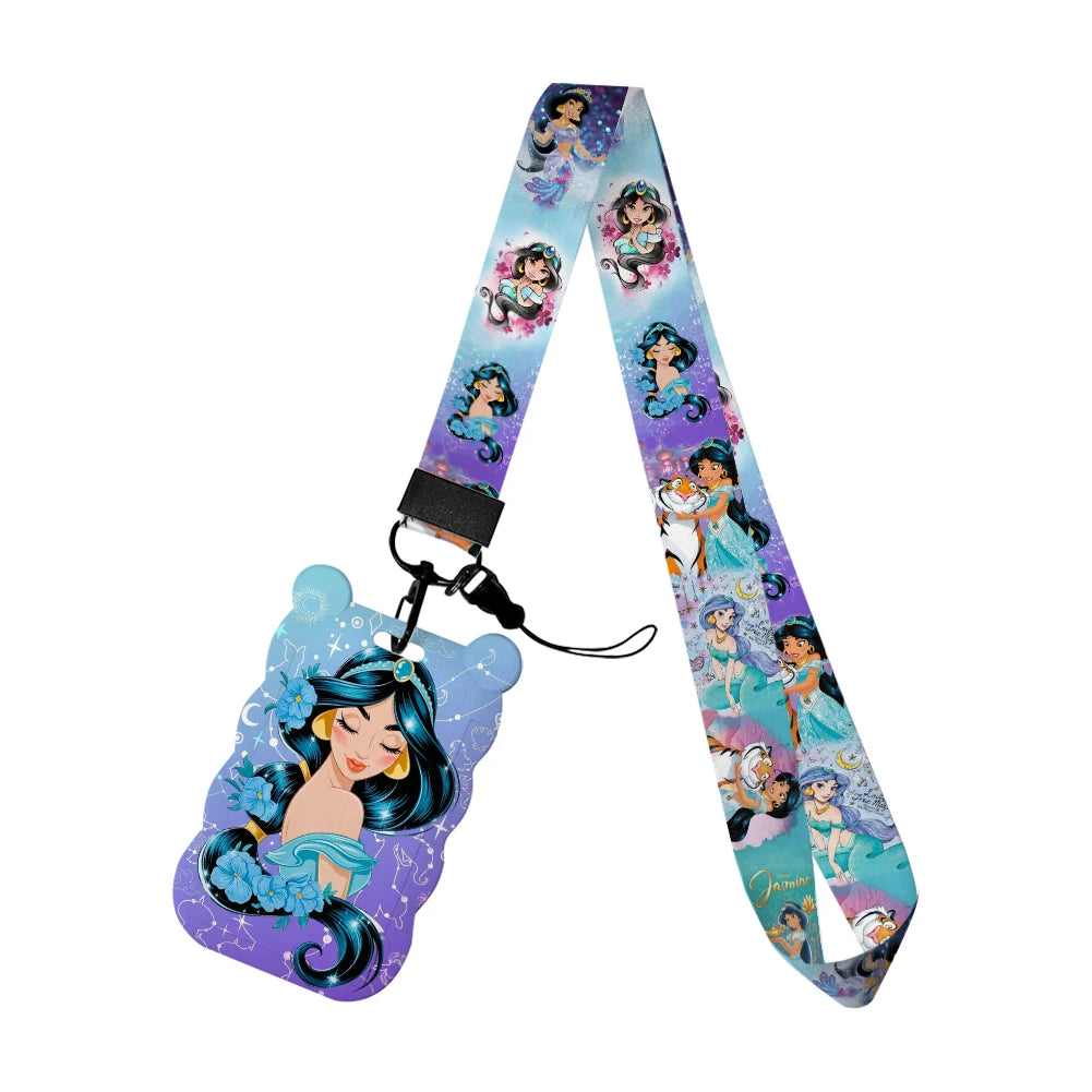 Disney Jasmine Princess Irregular Head Shape Badge Holder Lanyard Keys Chain ID Credit Card Cover Bus Card Holder Glitter Charms