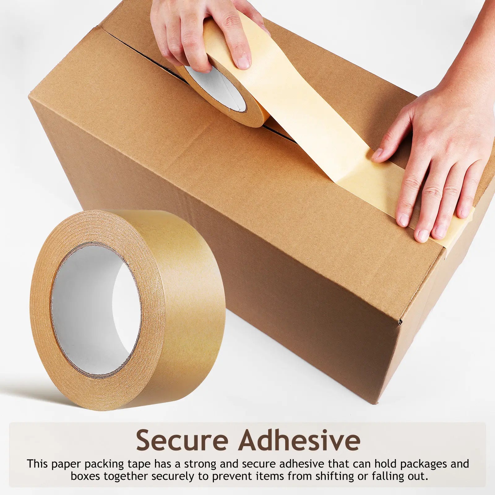 Brown Kraft Paper Tape Roll Secure Adhesive Heavy Duty Packing Tape Writable Surface Hand Tearable for Shipping Packaging