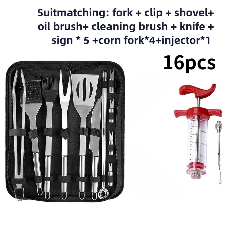 Portable BBQ Grill Tools Set Extra Thick Stainless Steel Fork, Spatula & Tongs - Injector - Complete BBQ Perfect Grill Gifts for