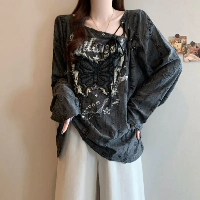 Large size women's clothing spring and autumn wrinkled hole design butterfly pattern drawstring irregular collar long sleeve top