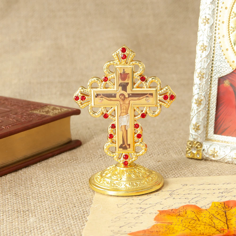 Byzantine Orthodox Standing Crucifix Gold Red Rhinestone Cross Altar Church Home Decor Jesus Icon Religious Christian Gift