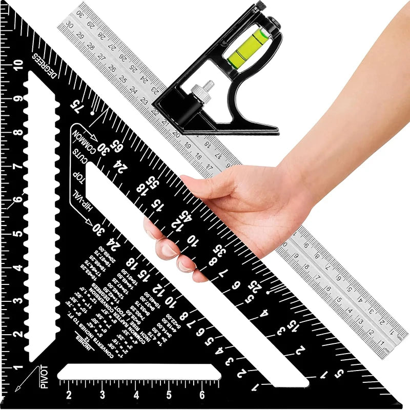Premium Rafter Square and Combination Triangle Square Set, Woodworking Framing Square, Ruler and Protractor Tool Set