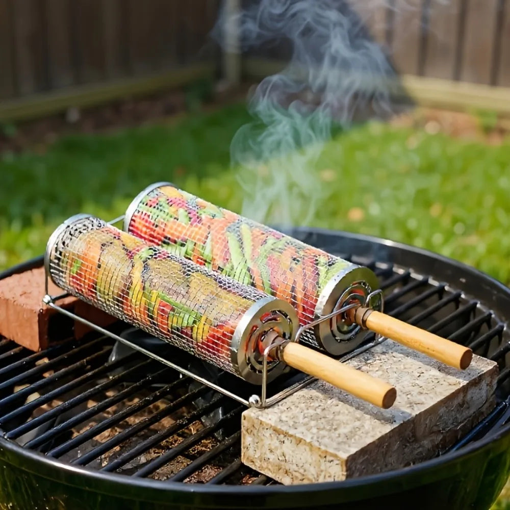 Rolling Grill Basket 304 Stainless Steel with Removable Handle Large Capacity for BBQ Camping Family Gathering Garden 1PC