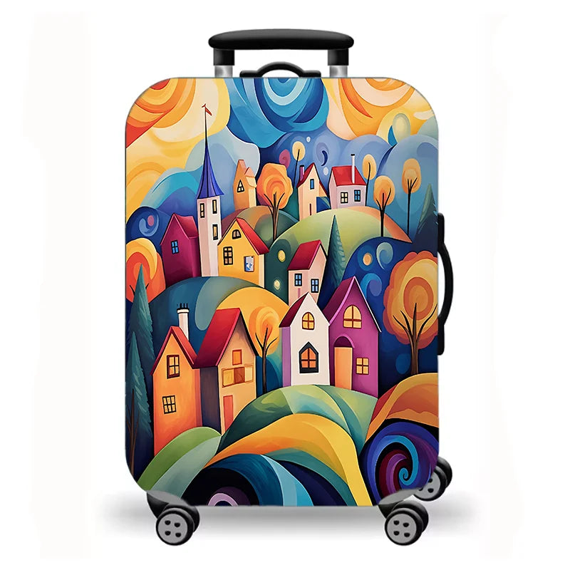 Luggage Cover, Colorful Fairy Tale Town Folk Art Print Stretch Suitcase Protector, Washable Anti-Scratch Travel Baggage Cover