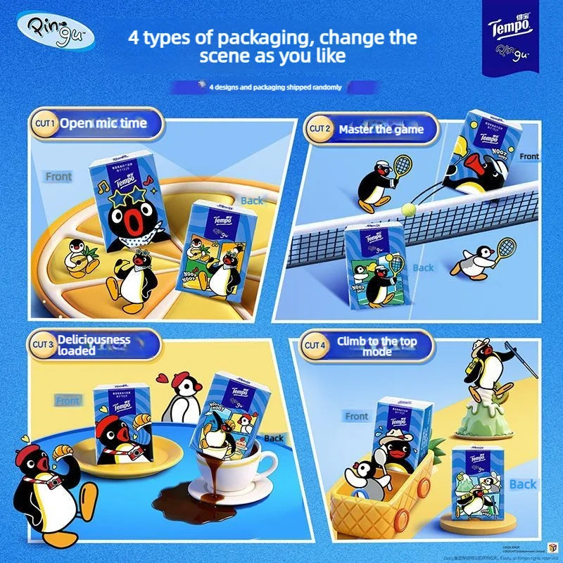 Tempo X Pingu Pocket Tissues, 4-ply Thick Soft Paper Handkerchiefs, 12-pack Portable Printed Facial Tissues For Daily Use