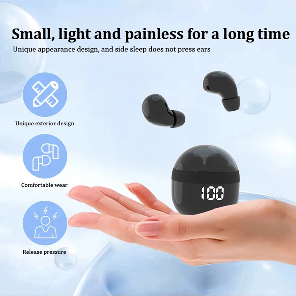 Mini Invisible Sleep Wireless Earbuds BT 5.3 Headphones Digital Display Charging Case Ultra Comfortable for Side Sleepers Wear
