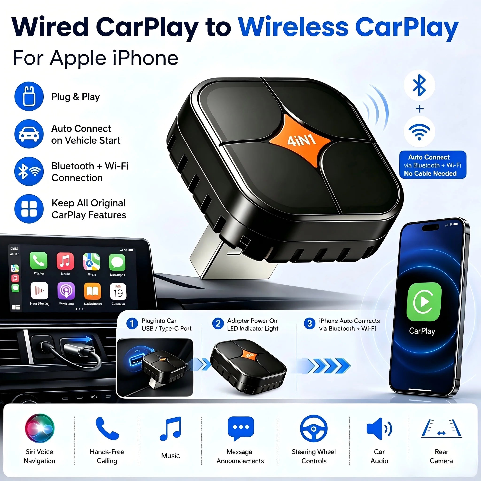 4IN1 Wireless CarPlay Android Auto Dongle Wired To Wireless Converter AirPlay Miracast Screen Mirror Bluetooth WiFi Auto Connect