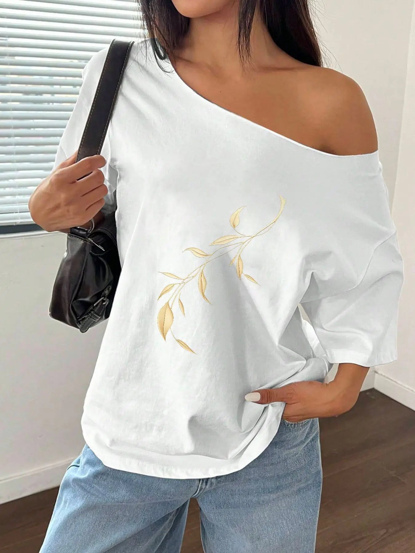 100% Cotton Plus Size Golden Leaf Pattern Shoulder Loose Print T-Shirt Oversized Y2K Style Graphic Tees Women Tops Summer Off