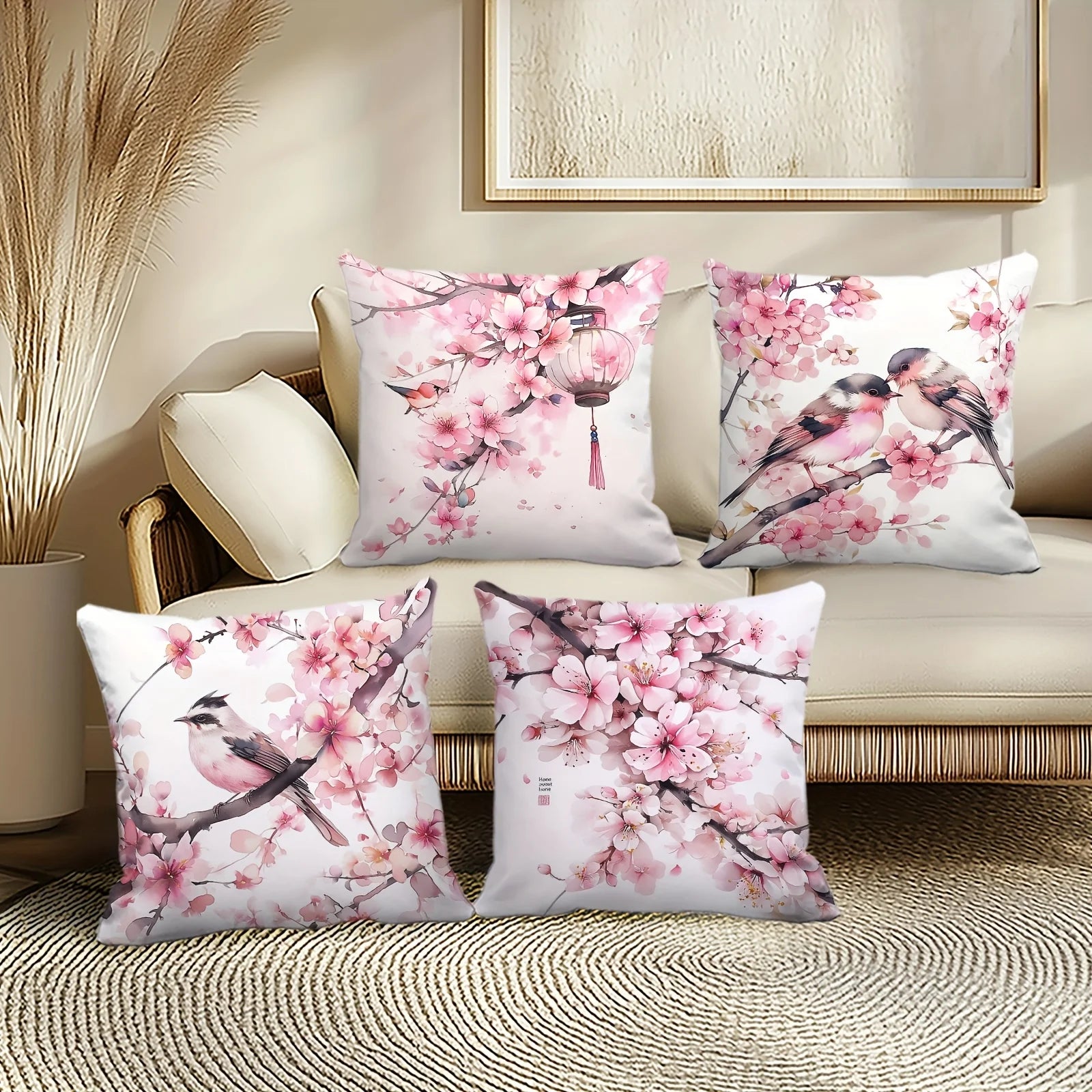 4-Piece Pillowcase Set, Square Cushion Covers with a Pink Cherry Blossom and Lantern Pattern on a White S Insert Not Included