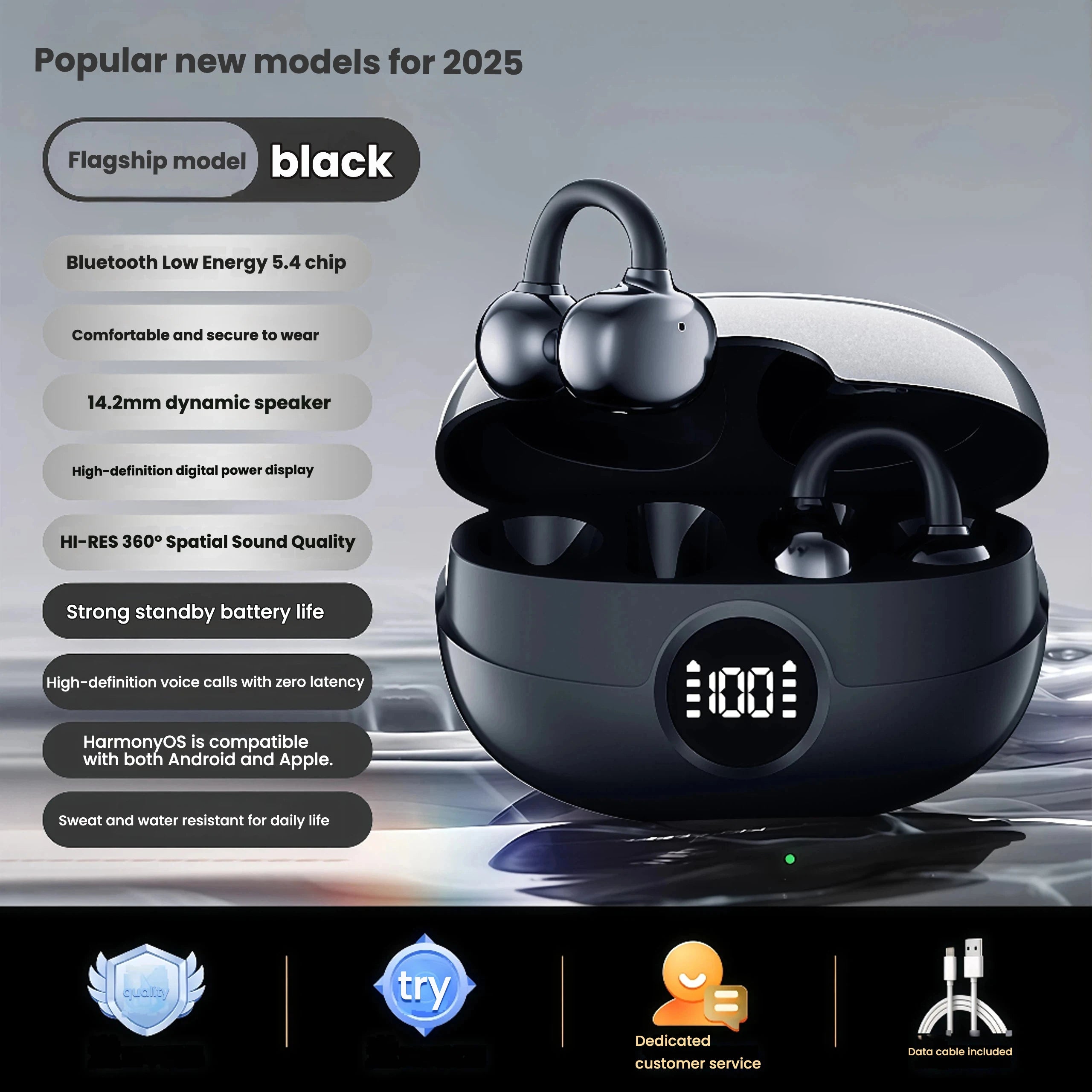 Wireless Open Earbuds with OWS Clip-On Design, Pure Stereo Sound, Call Noise Reduction, Rechargeable Battery, USB Charging