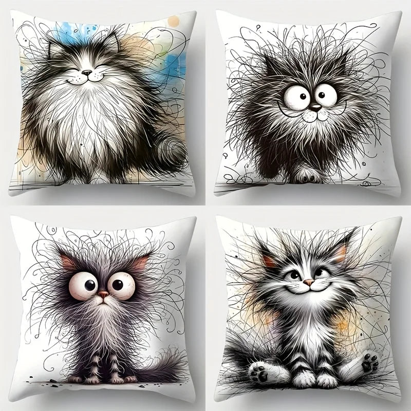 4Pcs Cute Cat Pillow Covers - Modern Cartoon Design, Zipper Closure, Polyester Material, Home Decor for Living Room Sofa