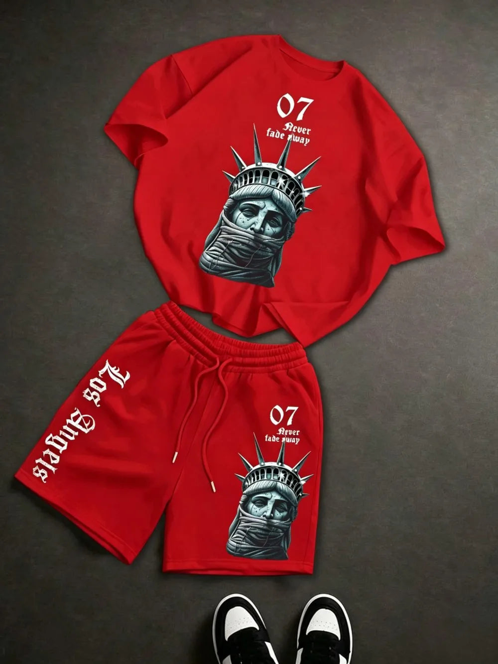 New men's summer retro Statue of Liberty print soft and breathable round neck T-shirt drawstring shorts set outdoor streetwear