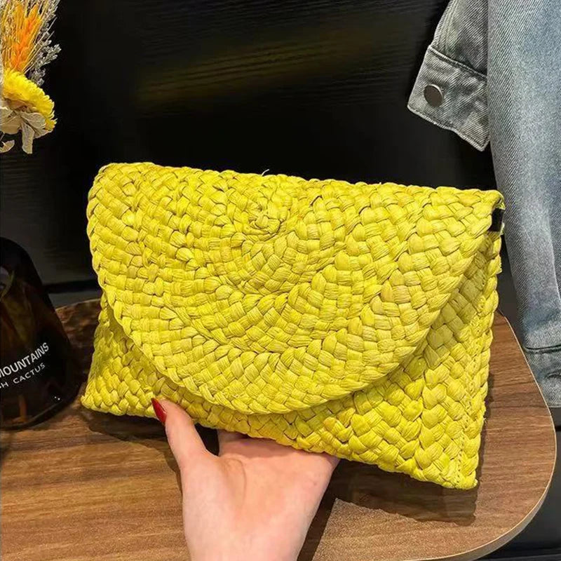 Women Fashion Flap Envelope Bags Summer Beach Bag Handmade Wallet Straw Knitted Handbag Lady Coin Phone Long Purse Clutches