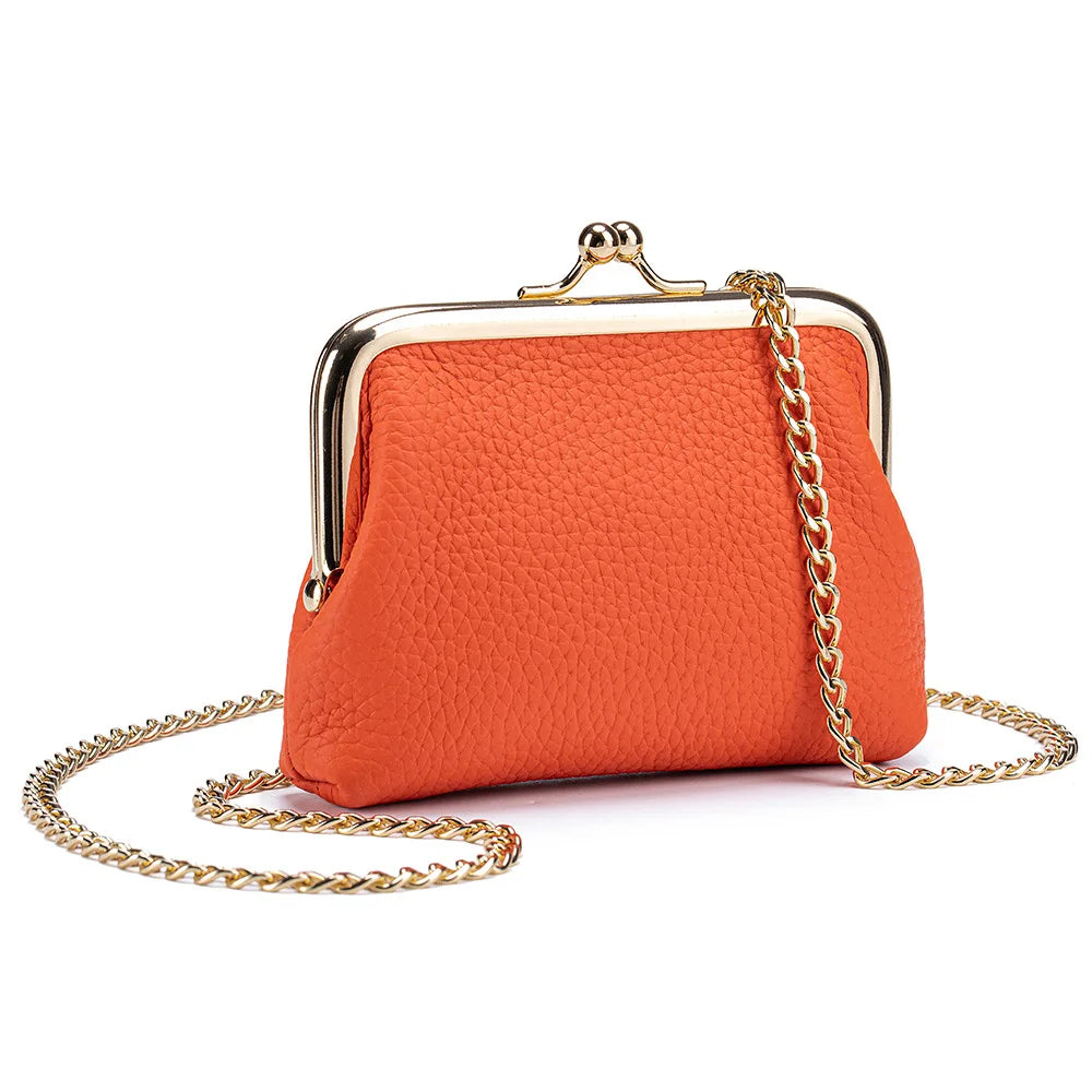 Women's Kiss Lock Crossbody Bag Genuine Leather Mini Handbags Kiss Clasp Crossbody Shoulder Bags Coin Purse Messenger Handbag