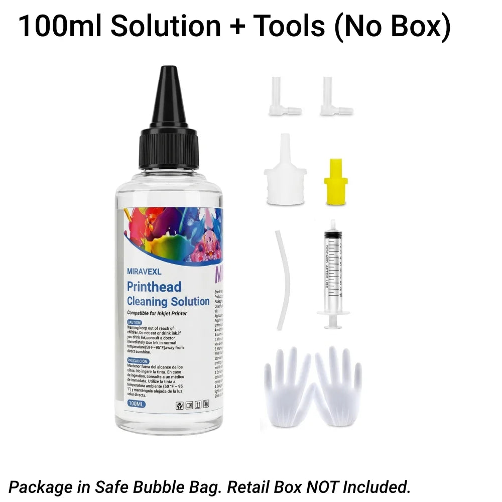 MIRAVEXL 100ml Printhead Cleaning Kit Liquid Solution for HP Epson Canon Brother Inkjet Printer Head Unclog Cleaner Repair Tool