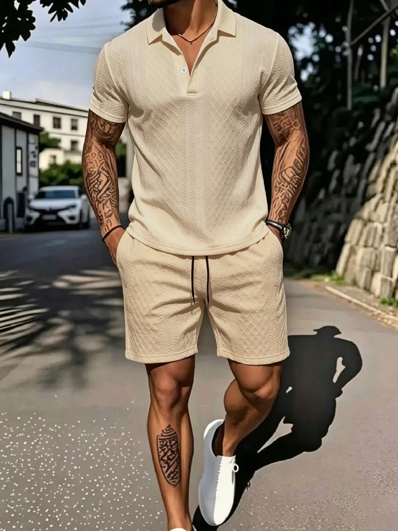 Men's Island Vacation Textured Lapel Polo Shirt & Shorts 2 Piece Set, 3D Jacquard Fabric, 2-Button Placket, Drawstring Waist for