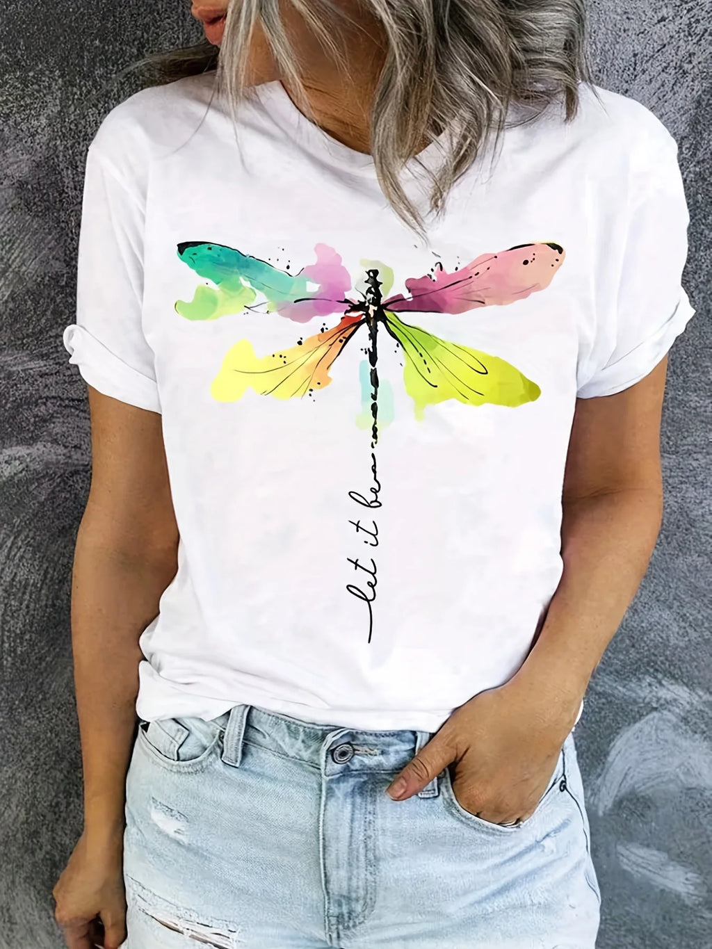 Dragonfly Print Crew Neck T-Shirt Casual Short Sleeve T-Shirt for Spring & Summer Women's Clothing Aesthetic Clothes Plus Size