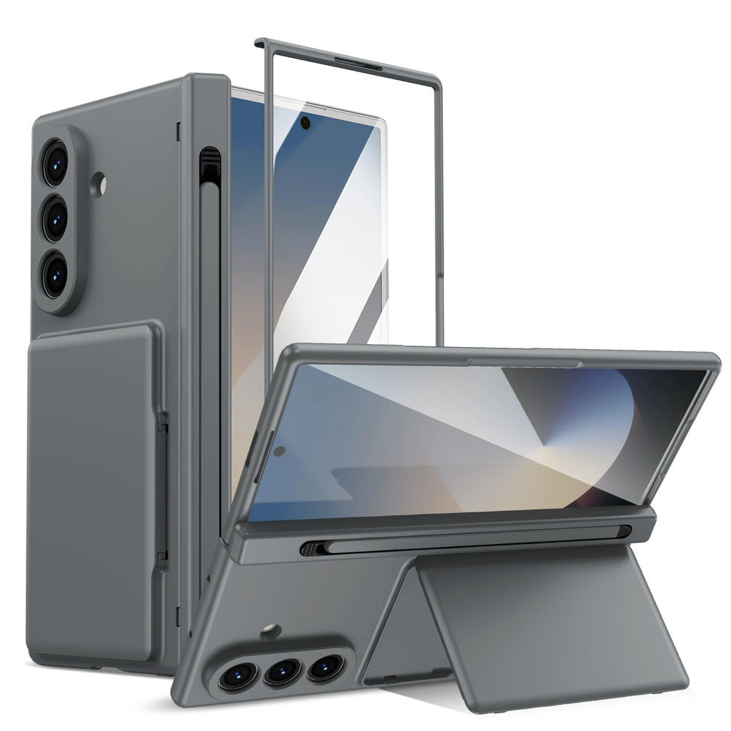 Hinge Wallet Card Slot Bracket Phone Case for Samsung Galaxy Z Fold 5 6 7 8Ultra with Screen Glass Protect Film S Pen Slot Cover