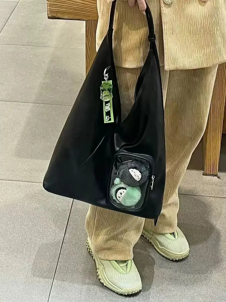 Soft PU Triangle Itabag with Clear Front Pocket -Women Large Capacity Shoulder Crossbody Bag for Anime Dolls & Daily Commute