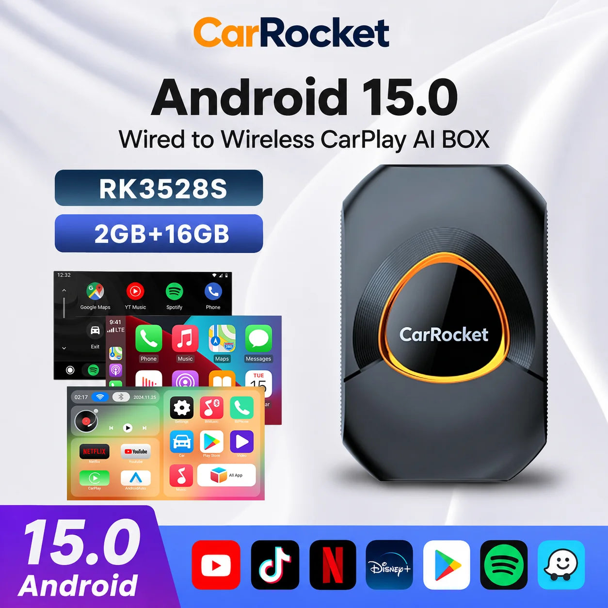 CarRocket CarPlay Ai Box Android 15 Wireless Android Auto USB Adapter Plug & Play For Youtube Netflix Toyota Mazda Hyundai Ford
