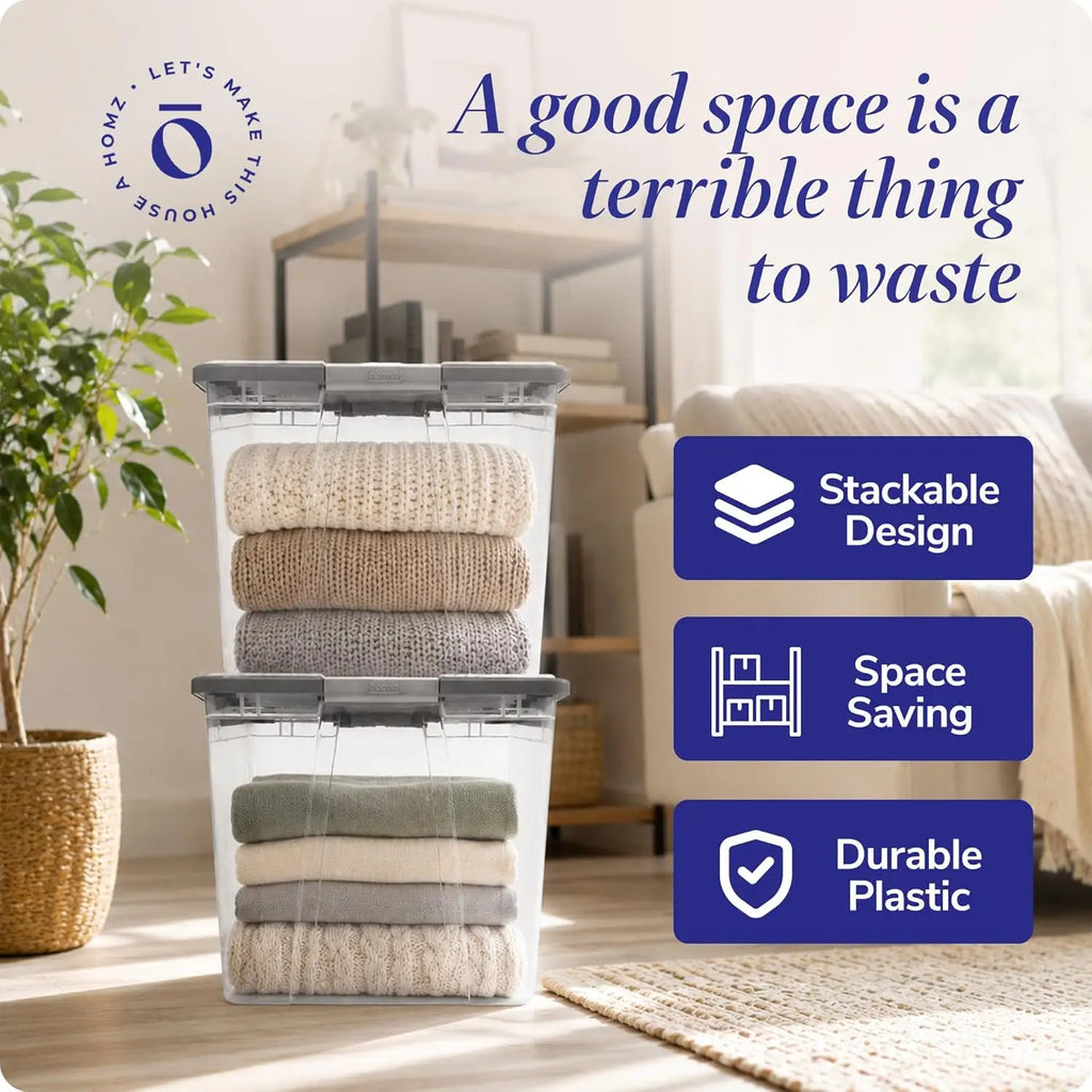2-Pack Secure Latch, Clear Plastic Storage Organizer Bins, 64 Quart, Gray Lid - Heavy-Duty Container Boxes with Lids for Home, Office, and Garage