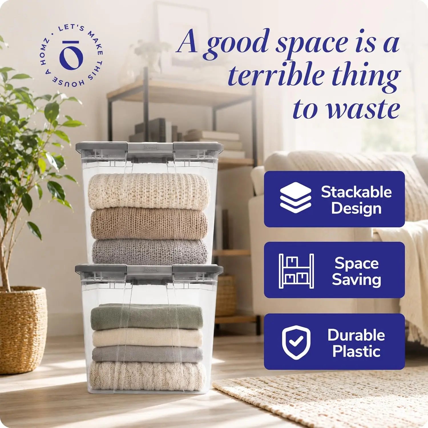 2-Pack Secure Latch, Clear Plastic Storage Organizer Bins, 64 Quart, Gray Lid - Heavy-Duty Container Boxes with Lids for Home, Office, and Garage