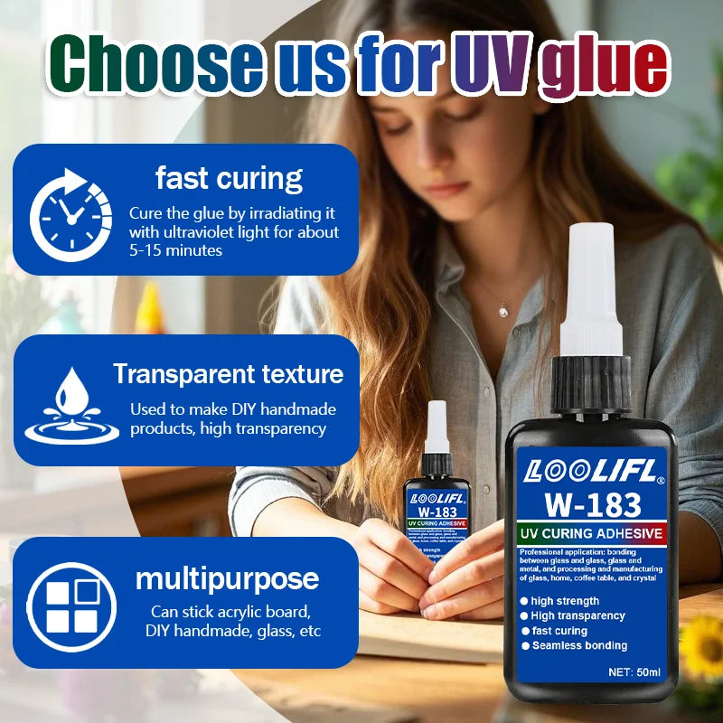 Loolifl Hot-Selling 183-1000ml Strong Curing Adhesive, Uv Glue Shadowless Adhesive for Glass, Crystal, Metal, Abs, Nail Art, DIY Crafts, Comes with Uv Curing Lamp