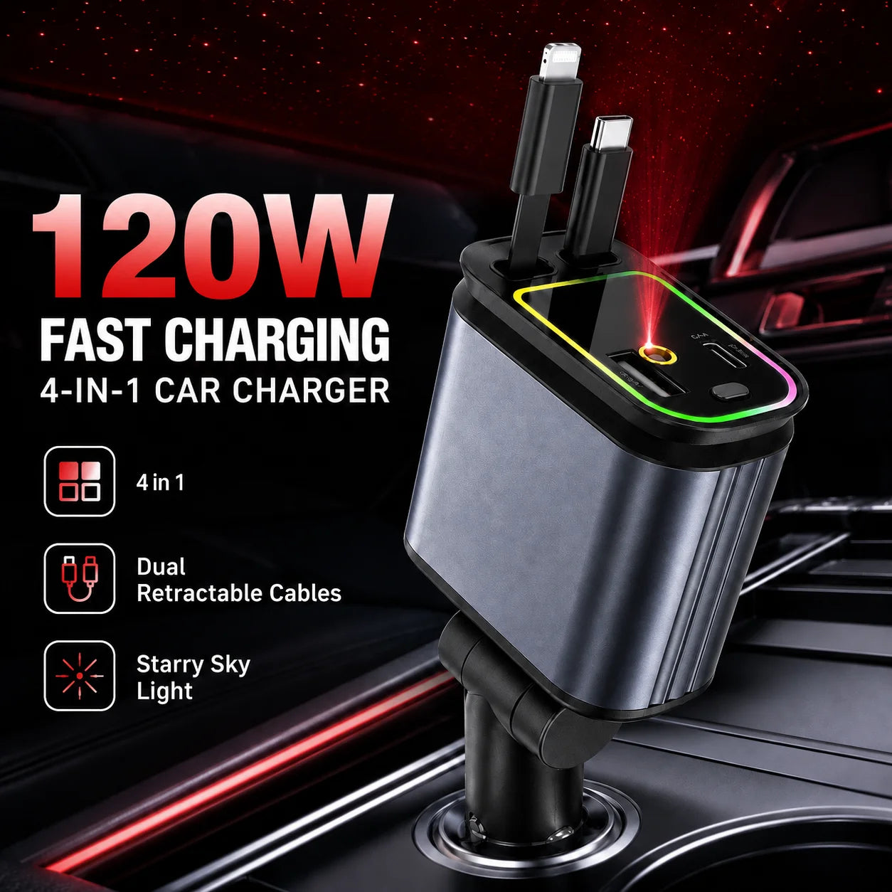 120W 4 in 1 Retractable Car Charger USB C Lightning Cable Starry Sky Ambient Light Fast Charging Adapter with USB-A USB-C Ports