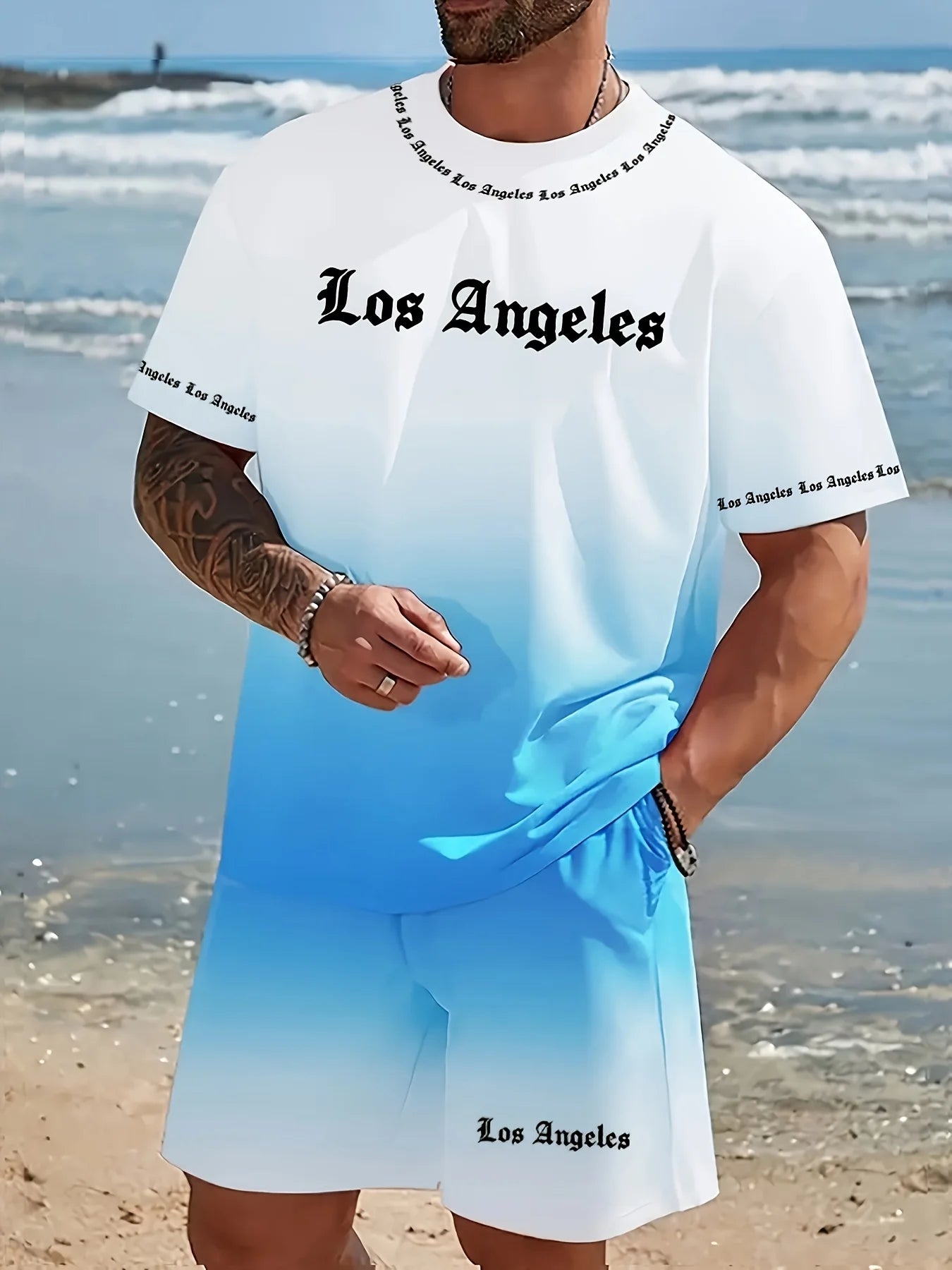 Men's Two-Piece Gradient Sports Outfit, Crew Neck Short-Sleeve T-Shirt + Shorts, Casual Outdoor Streetwear for Summer
