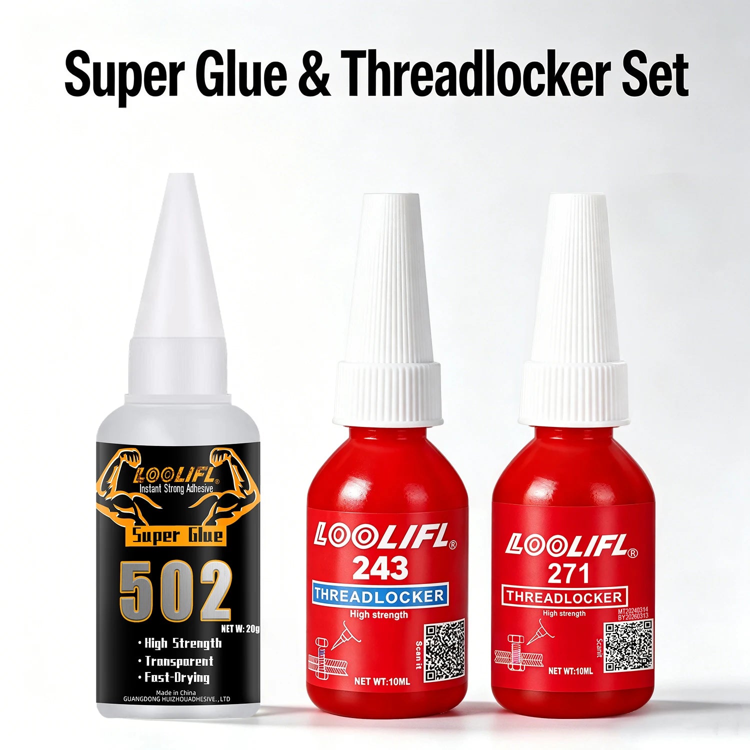LOOLIFL Super Glue 502 & Threadlocker Set 243 Medium Strength 271 High Strength Anaerobic Screw Lock Glue Instant Cyanoacrylate Adhesive Sealant for Metal Wood Ceramic Repair