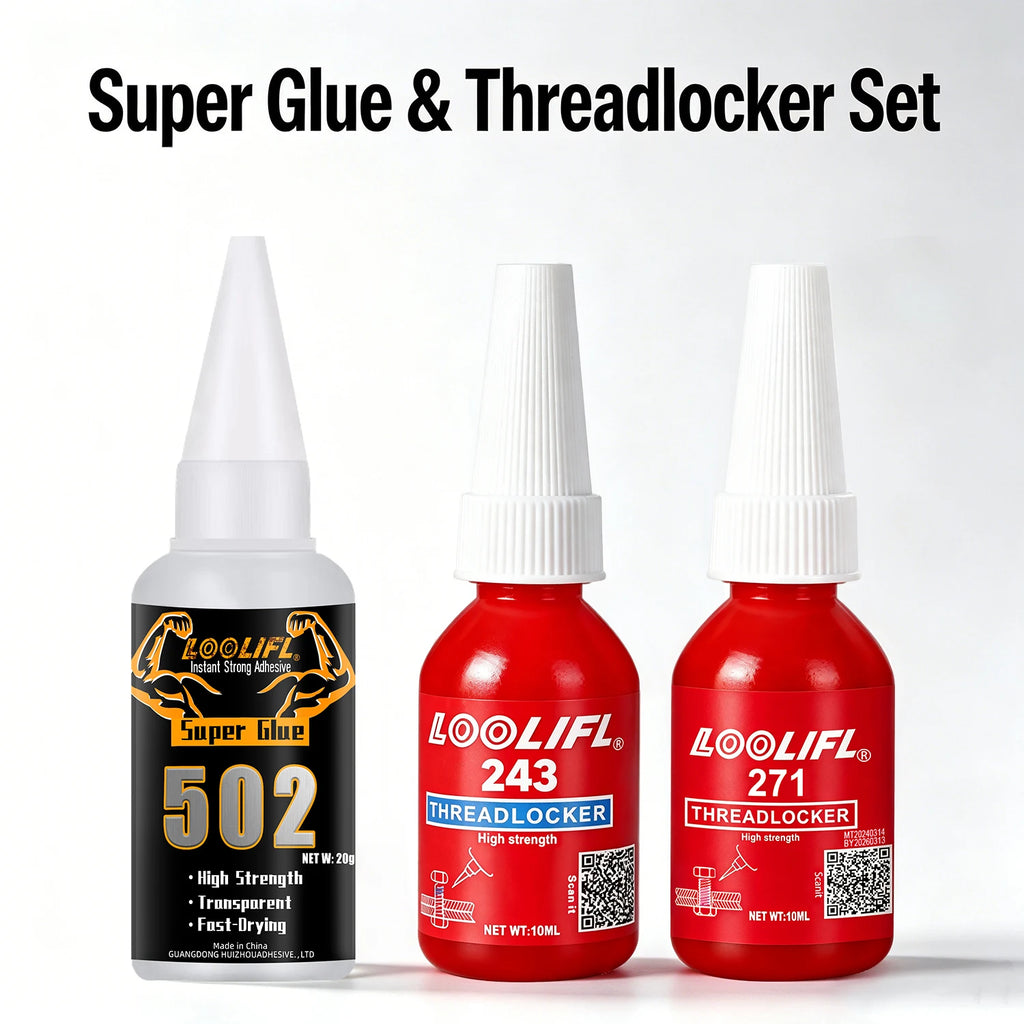 LOOLIFL Super Glue 502 & Threadlocker Set 243 Medium Strength 271 High Strength Anaerobic Screw Lock Glue Instant Cyanoacrylate Adhesive Sealant for Metal Wood Ceramic Repair