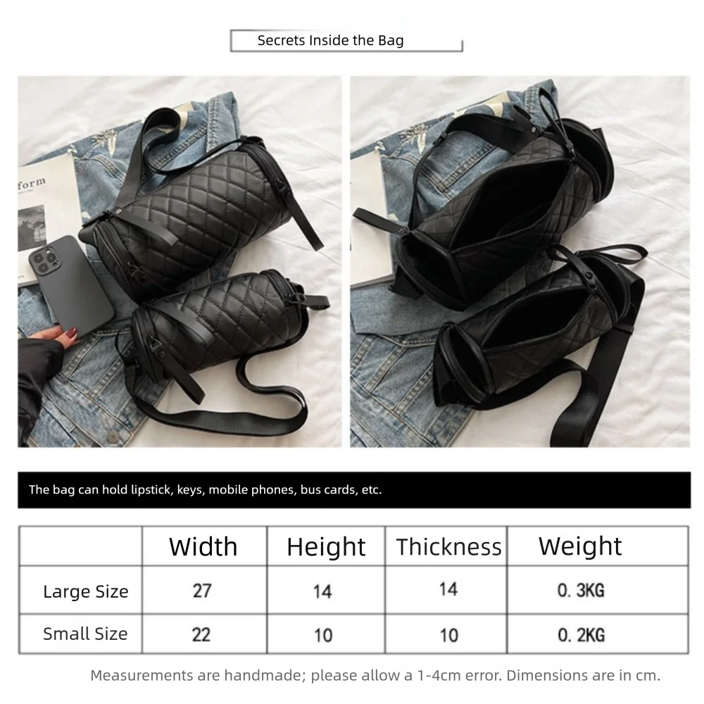 Simple Solid Color Cylinder Bag Round Diamond Bucket Bag Nylon Wide Shoulder Strap Barrel Bag Travel