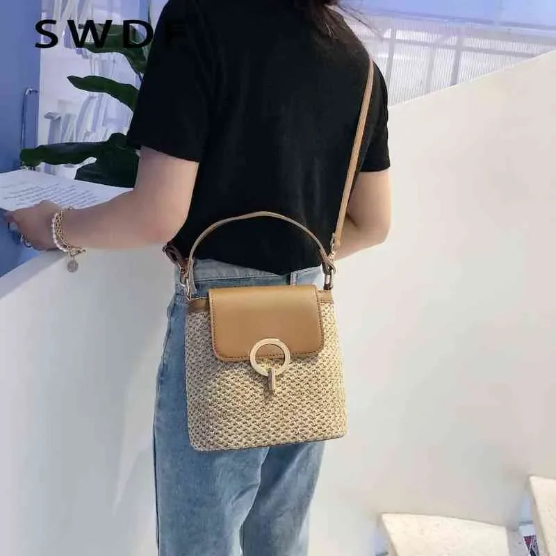 SWDF New Small Straw Bucket Bags For Women 2022 Summer Crossbody Bags Lady Travel Purses And Handbags Female Shoulder Simple Bag G220423