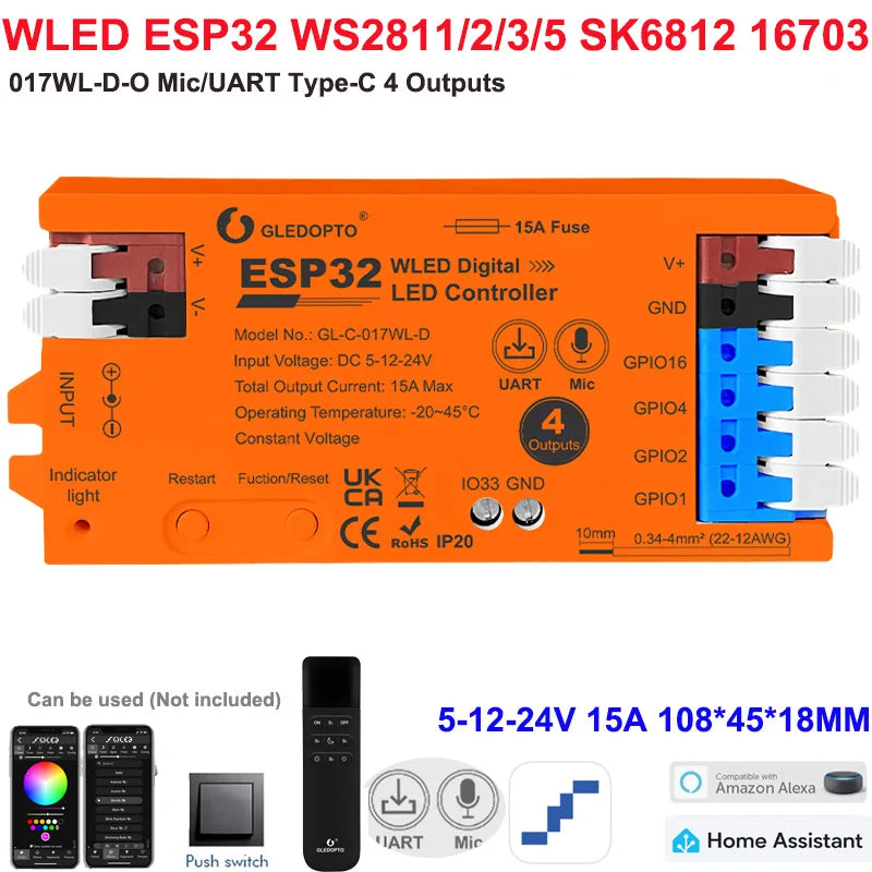 5GLEDOPTO ESP32 PWM WLED Dynamic LED Controller 5 in 1 DC12-24V WIFI App Control for RGBCCT RGBW RGB CCT DM WS2811/2B/3/5 Strip