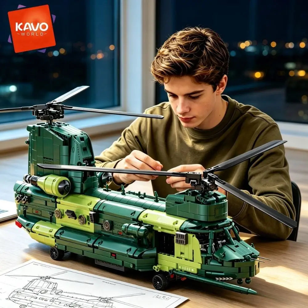 KAVOWORLD 1826pcs 32inch Large-Scale Heavy Transport Helicopter Building Block Model Set Easy DIY Assembly Aircraft Building Bricks Model Tandem Rotor Construction Kit Display Toy As Halloween Christmas Thanksgiving New Year'